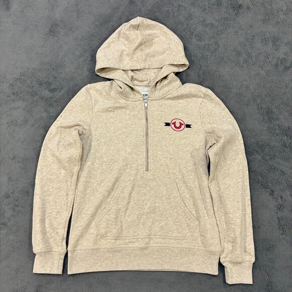 True Religion Beige Half-Zip Hoodie Sweatshirt Kangaroo Pocket Women's Small - Picture 1 of 9